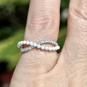 Natural Freshwater Seed Pearl & CZ Infinity Ring - Sterling Silver 925 - Stacking Ring - Wedding Band