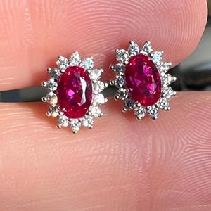 Vintage Natural 1TCW Oval Red Ruby Halo Stud Push Back Stud Earrings