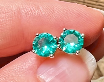 Round Brilliant Cut Green Paraiba Created Stud Earrings