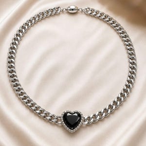 Heart Necklace, Black Diamond or Red Ruby, Silver Cuban Chain Necklace, Heart Pendant, Modern Statement Jewelry, Gift for Her