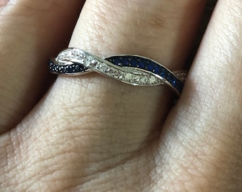 Natural Blue Sapphire Woven Full Eternity Twist Wedding Band Ring