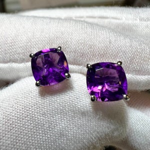 Natural 6.5mm Cushion Cut Purple Amethyst Stud Earrings