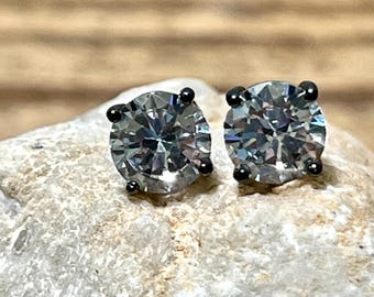 Round Brilliant Cut Grade 5A Cubic Zirconia & Black Rhodium Stud Earrings
