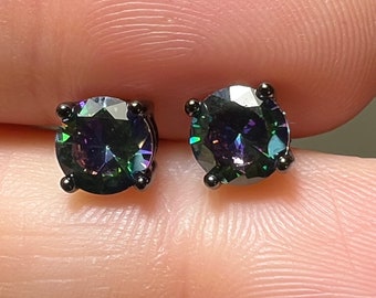Mystic Topaz Stud Earrings, Black Rhodium, Round Blue Gemstone, Elegant Studs