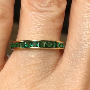 3mm Princess Cut Emerald Green Channel Set Yellow Gold Plated Half Eternity Ring - Wedding Band - Emerald Green Stacking Ring