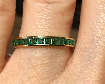 Emerald Green Ring: Princess Cut, Yellow Gold Plated, Half Eternity Band