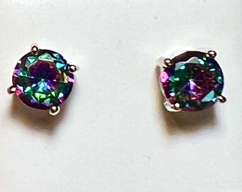 3mm - 7mm Round Brilliant Cut Mystic Rainbow Topaz Stud Earrings