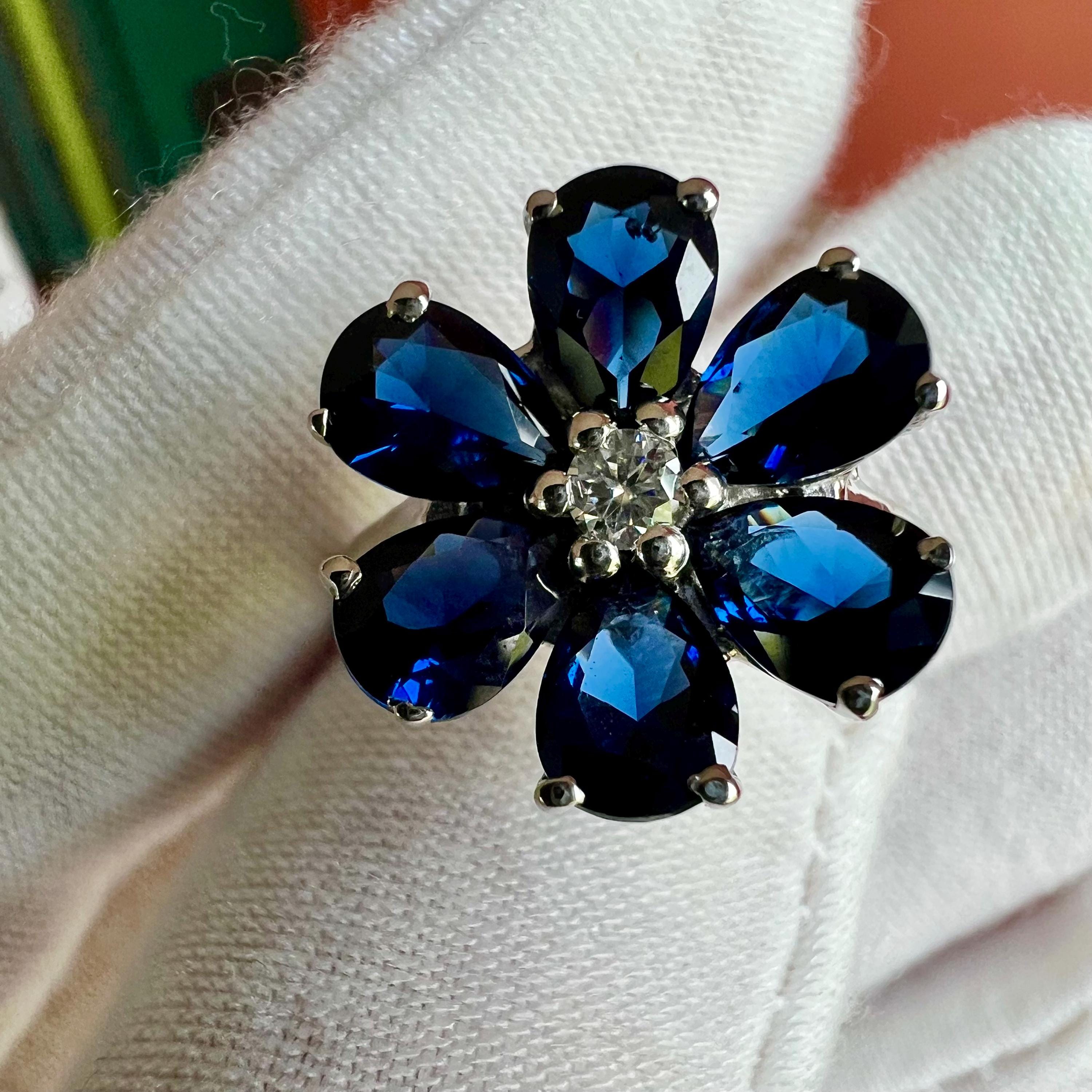 Natural Blue Sapphire Floral Ring September Birthstone Ring Size