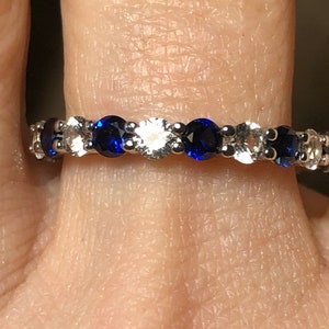 Natural 3mm Blue & White Sapphire Full Eternity Ring - Wedding Band  - Stacking Ring