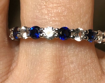 Natural 3mm Blue & White Sapphire Full Eternity Ring - Wedding Band  - Stacking Ring