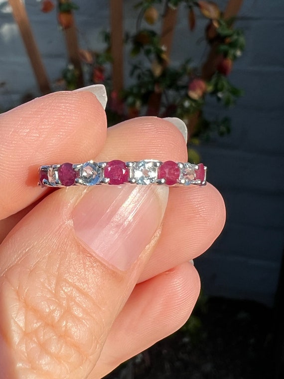 Natural 4mm Red Ruby Aquamarine Full Eternity Wedding Band