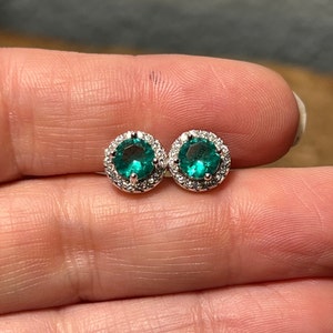 8mm Round Brilliant Cut Lab Grown Green Paraiba Tourmaline Halo Stud Earrings