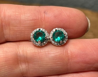 8mm Round Brilliant Cut Lab Grown Green Paraiba Tourmaline Halo Stud Earrings