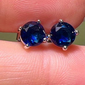 Natural 2TCW Round Brilliant Cut Dark Blue Sapphire Studs / September Birthstone Gift