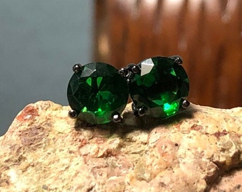 Emerald Green Round Brilliant Cut Black Rhodium Stud Earrings - May Birthstone Gift