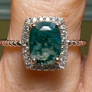 Natural 2.5CT Elongated Cushion Moss Agate & Moissanite Accent Engagement Ring Size 7