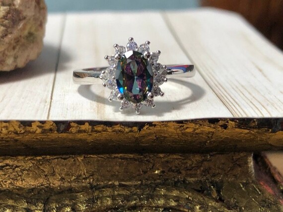Mystic Topaz Halo Ring Alaskan Topaz Rainbow Topaz Caribbean Topaz Etsy