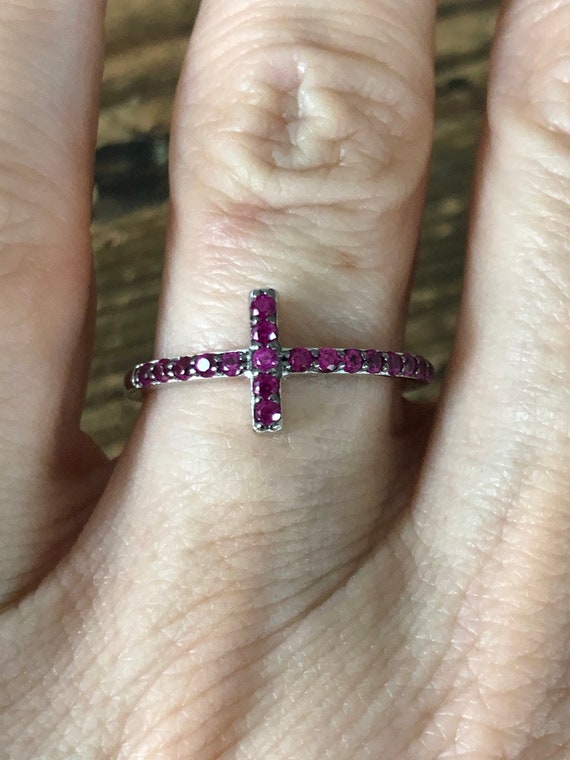 A Vintage Sterling Silver Red Ruby Cross Ring - image 2