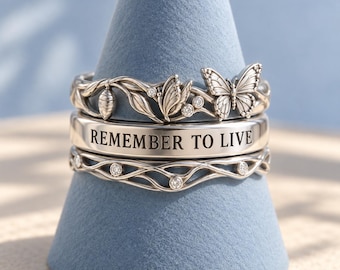 Schmetterlingsring-Set, „Denk daran zu leben“-Ring, Stapelringe aus Sterlingsilber, Schmuck zur persönlichen Weiterentwicklung, Inspirierendes Geschenk
