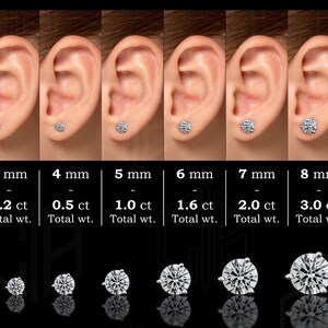 Pu&ograve; includere: Un grafico comparativo che mostra la dimensione degli orecchini di diamanti rotondi in millimetri e carati. Il grafico mostra orecchini da 3 mm a 8 mm di diametro, con pesi in carati corrispondenti da 0,2 ct a 3,0 ct. Gli orecchini sono mostrati sull'orecchio di una modella.