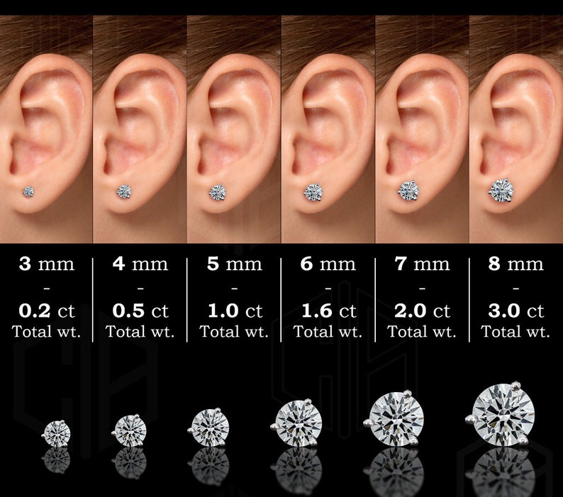 Pu&ograve; includere: Un grafico comparativo che mostra la dimensione degli orecchini di diamanti rotondi in millimetri e carati. Il grafico mostra orecchini da 3 mm a 8 mm di diametro, con pesi in carati corrispondenti da 0,2 ct a 3,0 ct. Gli orecchini sono mostrati sull'orecchio di una modella.