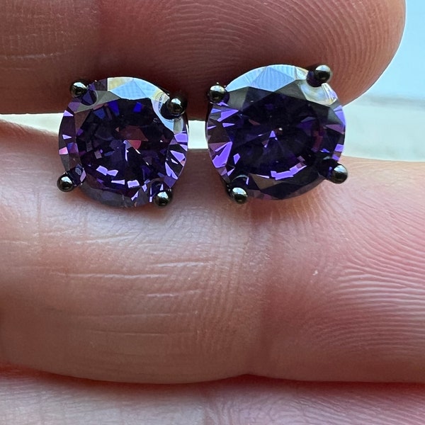 Natural Round Brilliant Cut Purple Amethyst Black Rhodium Stud Earrings