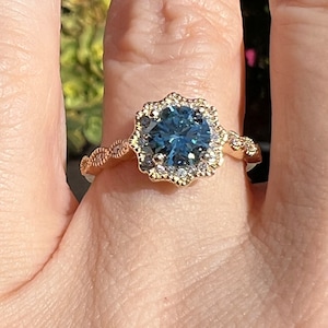 14K Yellow Gold Fancy Vivid Blue Diamond Halo Engagement Ring Size 6.5