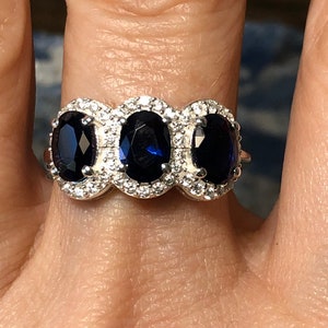 Natural Oval Cut Blue & White Sapphire Three Stone Journey Halo Ring  - September Birthstone Ring - Anniversary Ring