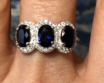 Natural Oval Cut Blue & White Sapphire Three Stone Journey Halo Ring  - September Birthstone Ring - Anniversary Ring