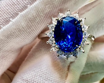 2CT Oval Lab Grown Blue Sapphire Halo Ring Princess Diana Style