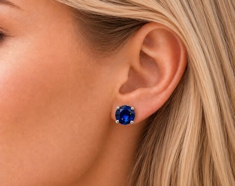 8mm Round Brilliant Cut Lab Grown Blue Sapphire Studs / September Birthstone Gift