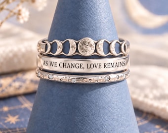 Mondphasen-Ring-Set, himmlische Stapelringe, „As We Change Love Remains“-Ring, Sterlingsilber oder 10-karätiges Weißgold