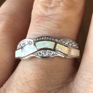 Vintage 925 Sterling Silver Natural Opal Wedding Band