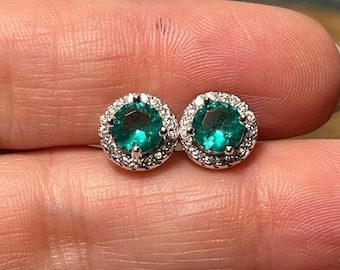 Lab Grown Paraiba Tourmaline Stud Earrings Halo 8mm Round Cut Paraiba Earrings Green Gemstone Studs Silver Halo Earrings Gift for Her