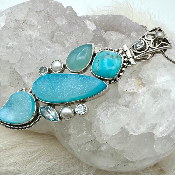 Sterling Silver Druzy// Turquoise//Pearl//Blue Topaz// Chalcedony Statement Pendant