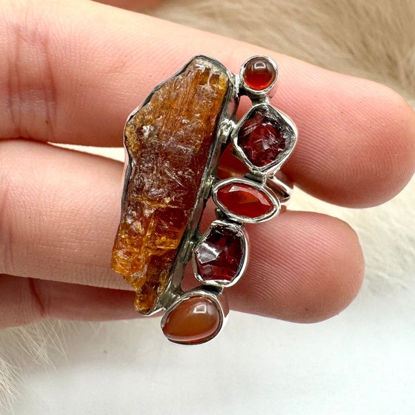 Sterling Silver Orange Kyanite//Carnelian//Garnet Ring