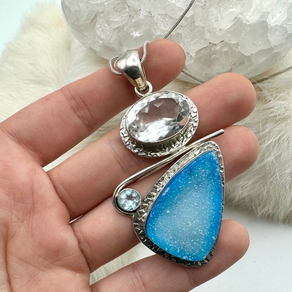 Sterling Silver Druzy// Blue Topaz// Clear Quartz Statement Pendant