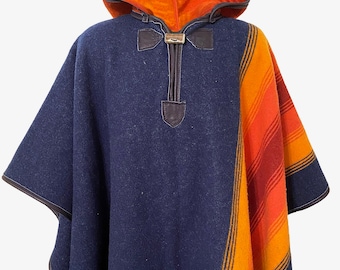 Grand Canyon Hooded Wool Poncho, Pendleton Blanket Outerwear, Reversible, Leather Trim, Antler Toggle, Western Fashion, American Made