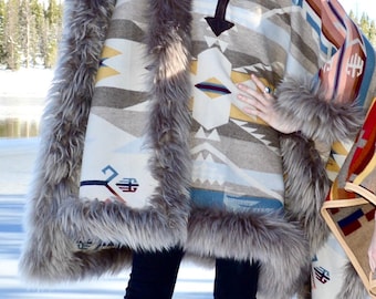 White Sands Riding Poncho – Authentic Pendleton Wool with Full Sheepskin Trim – Luxury Women’s Outerwear Made in Wyoming USA