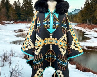 Reversible Pendleton Wool Riding Poncho: Leather Trim, Antler Toggle, Made in USA