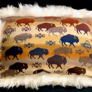 Peut inclure: Un coussin décoratif avec une bordure en fausse fourrure blanche et un centre en tissu beige orné d'un motif répété de silhouettes de buffles brunes, bleues et orange. Le tissu a une texture tissée et un design sud-ouest.