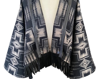 Western Outlaw Bolero Jacket with Leather Fringe | Harding Black and Tan Wool Capelet | Couture Womens Cape, Wyoming Made Outerwear