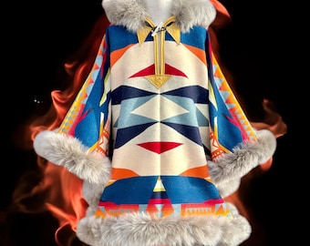 Fire Legend Riding Poncho – Pendleton Wool & Sheepskin Trim | Reversible Western Cape | Made in USA | Hooded Heirloom Outerwear