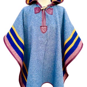 Blue Lake Hooded Wool Camp Poncho, Yakima Stripe Outerwear, Leather Trim, Antler Toggle, USA Made, Unisex Fit, Trail to Town