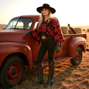 May include: A woman wearing a black hat, red and black patterned poncho with fringe, black gloves, black jeans, and black cowboy boots stands next to a vintage red truck. Hay bales are in the truck bed. The scene is set in a field at sunset.