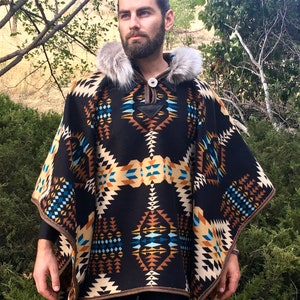 Reversible Wool Riding Poncho – Sheepskin Trim Hood | Leather Trim with Antler Toggle | Rancho Arroyo Black & Tan | Made in USA