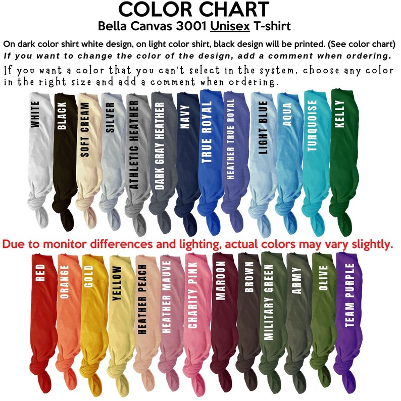 Bella Canvas 3001 Unisex T-shirt Color Chart showing available colors: White, Black, Soft Cream, Silver, Athletic Heather, Dark Gray Heather, Navy, True Royal, Heather True Royal, Light Blue, Aqua, Turquoise, Kelly Green, Red, Orange, Gold, Yellow, Heather Peach, Heather Mauve, Charity Pink, Maroon, Brown, Military Green, Army Green, Olive, Team Purple. Premium quality unisex t-shirt color options for custom printing.