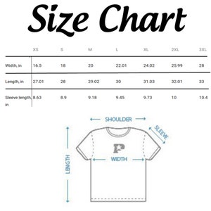 Op de afbeelding: Maattabel voor een T-shirt met afmetingen in inches voor breedte, lengte en mouwlengte. De tabel toont maten van XS tot 3XL. Een diagram van een T-shirt toont de afmetingen voor breedte, lengte en mouw.