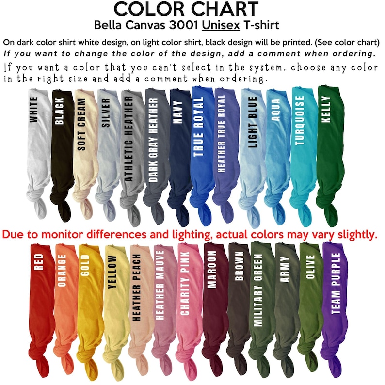 Bella Canvas 3001 Unisex T-shirt Color Chart showing available colors: White, Black, Soft Cream, Silver, Athletic Heather, Dark Gray Heather, Navy, True Royal, Heather True Royal, Light Blue, Aqua, Turquoise, Kelly Green, Red, Orange, Gold, Yellow, Heather Peach, Heather Mauve, Charity Pink, Maroon, Brown, Military Green, Army Green, Olive, Team Purple. Premium quality unisex t-shirt.