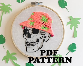 Skull Wearing Bucket Hat Embroidery Pattern PDF Digital Download, Hoop Art 6"